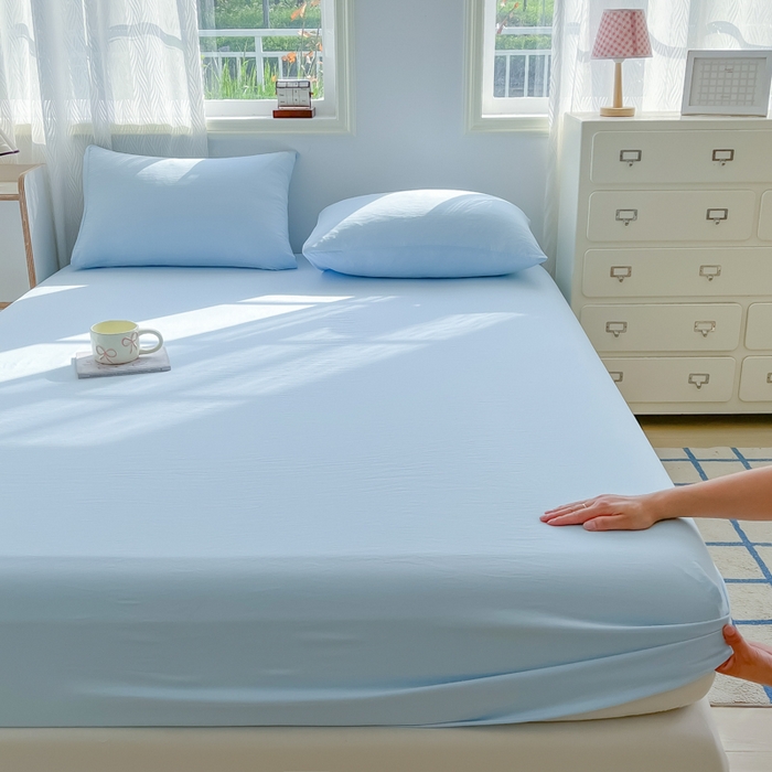 91家纺网 家纺一手货源 找家纺 温眠家纺 2025新款纯色格子高克重水洗棉床笠全包围防滑床罩保护套单床笠 奶兰