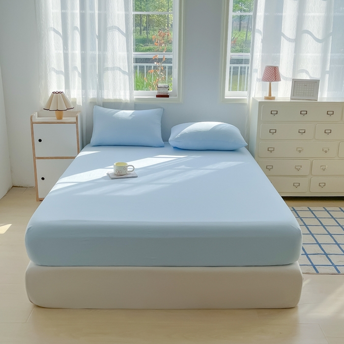 91家纺网 家纺一手货源 找家纺 温眠家纺 2025新款纯色格子高克重水洗棉床笠全包围防滑床罩保护套单床笠 奶兰