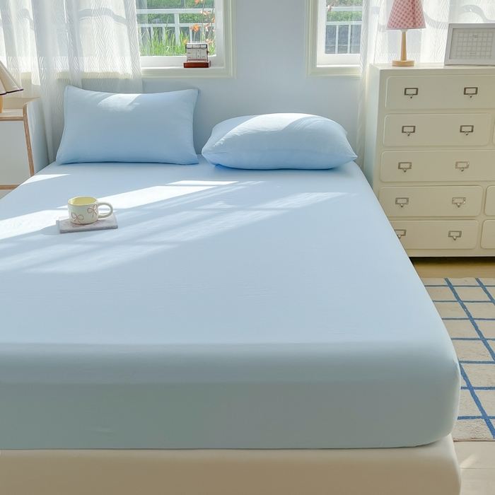 91家纺网 家纺一手货源 找家纺 温眠家纺 2025新款纯色格子高克重水洗棉床笠全包围防滑床罩保护套单床笠 奶兰