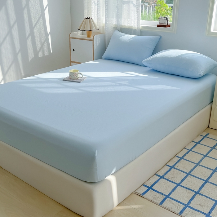 91家纺网 家纺一手货源 找家纺 温眠家纺 2025新款纯色格子高克重水洗棉床笠全包围防滑床罩保护套单床笠 奶兰