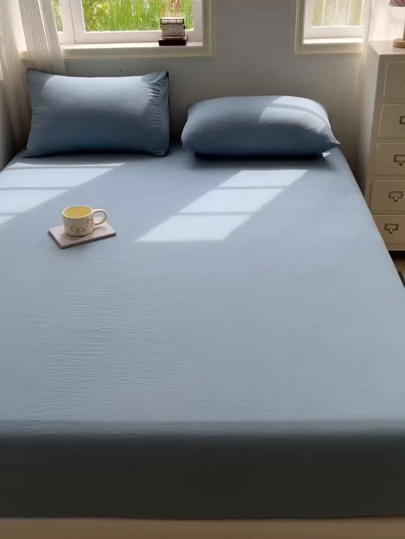 91家纺网 家纺一手货源 找家纺 温眠家纺 2025新款纯色格子高克重水洗棉床笠全包围防滑床罩保护套单床笠 奶兰