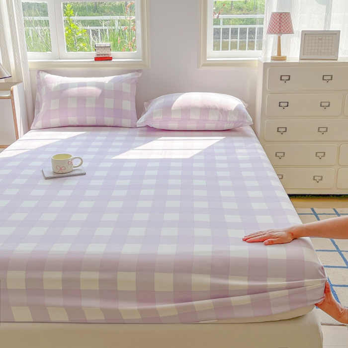 91家纺网 家纺一手货源 找家纺 温眠家纺 2025新款纯色格子高克重水洗棉床笠全包围防滑床罩保护套单床笠 奶酪葡萄