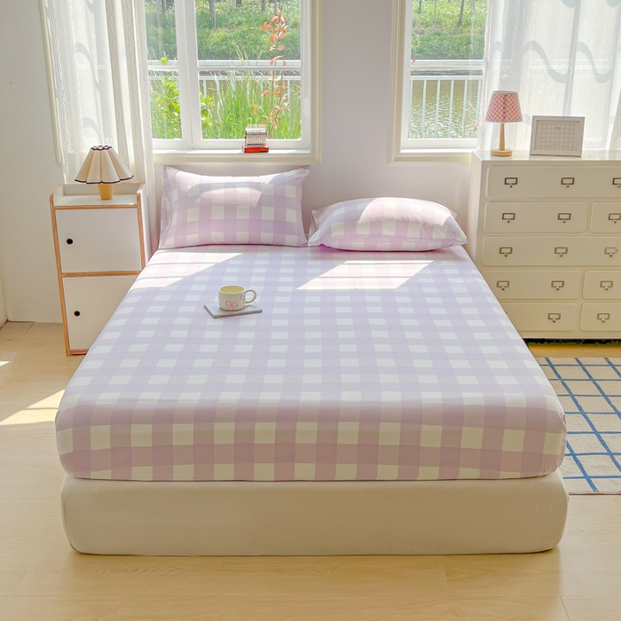 91家纺网 家纺一手货源 找家纺 温眠家纺 2025新款纯色格子高克重水洗棉床笠全包围防滑床罩保护套单床笠 奶酪葡萄