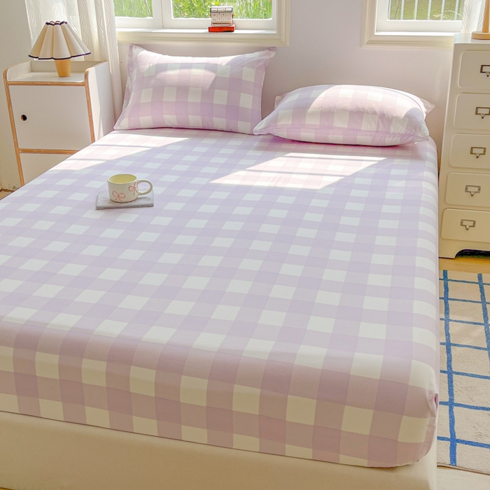 91家纺网 家纺一手货源 找家纺 温眠家纺 2025新款纯色格子高克重水洗棉床笠全包围防滑床罩保护套单床笠 奶酪葡萄