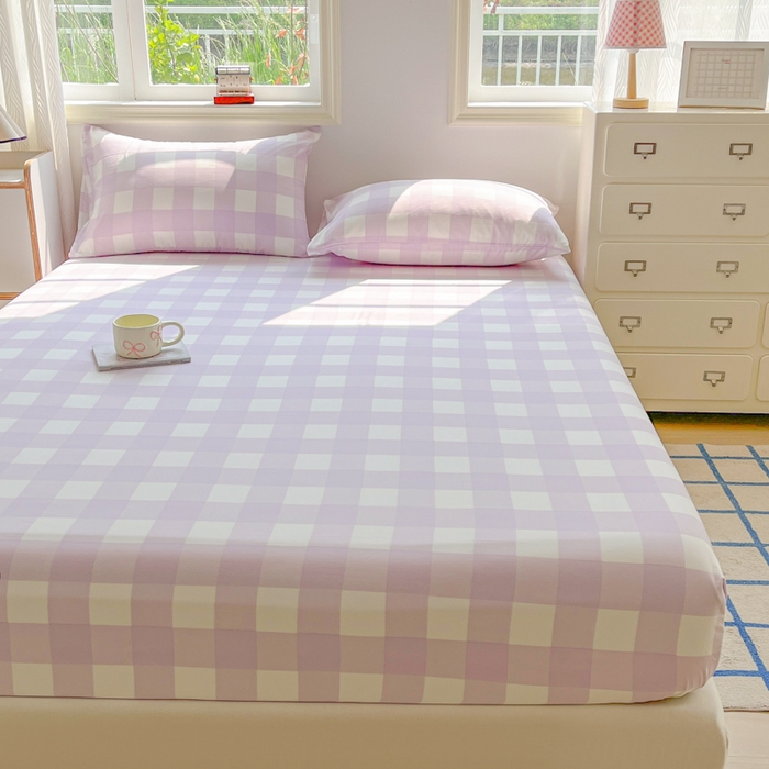 91家纺网 家纺一手货源 找家纺 温眠家纺 2025新款纯色格子高克重水洗棉床笠全包围防滑床罩保护套单床笠 奶酪葡萄