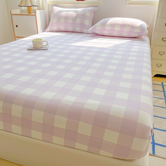 91家纺网 家纺一手货源 找家纺 温眠家纺 2025新款纯色格子高克重水洗棉床笠全包围防滑床罩保护套单床笠 奶酪葡萄
