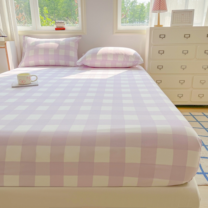 91家纺网 家纺一手货源 找家纺 温眠家纺 2025新款纯色格子高克重水洗棉床笠全包围防滑床罩保护套单床笠 奶酪葡萄