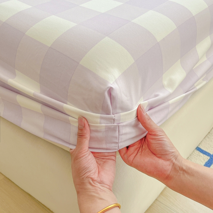 91家纺网 家纺一手货源 找家纺 温眠家纺 2025新款纯色格子高克重水洗棉床笠全包围防滑床罩保护套单床笠 奶酪葡萄