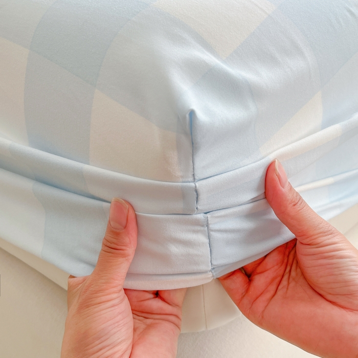 91家纺网 家纺一手货源 找家纺 温眠家纺 2025新款纯色格子高克重水洗棉床笠全包围防滑床罩保护套单床笠 奶盐气泡