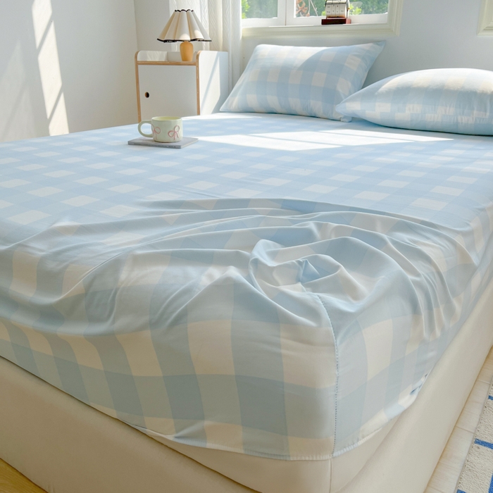 91家纺网 家纺一手货源 找家纺 温眠家纺 2025新款纯色格子高克重水洗棉床笠全包围防滑床罩保护套单床笠 奶盐气泡