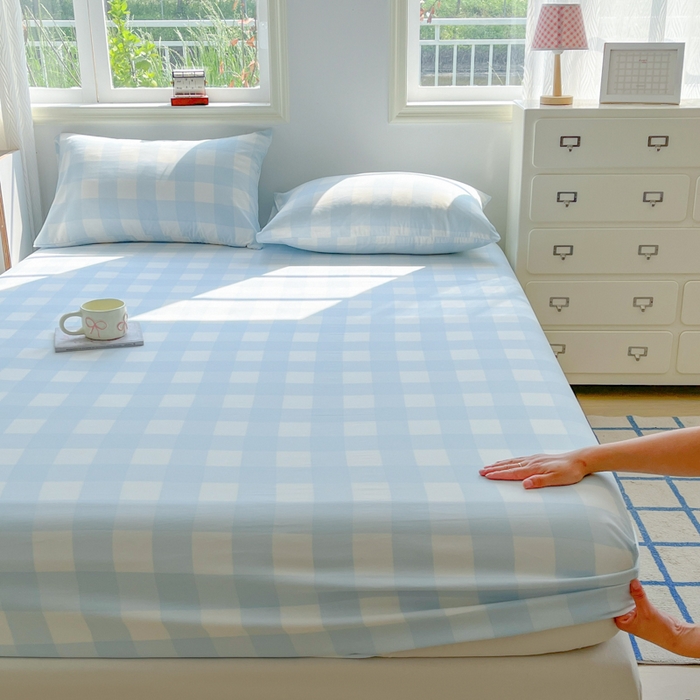 91家纺网 家纺一手货源 找家纺 温眠家纺 2025新款纯色格子高克重水洗棉床笠全包围防滑床罩保护套单床笠 奶盐气泡
