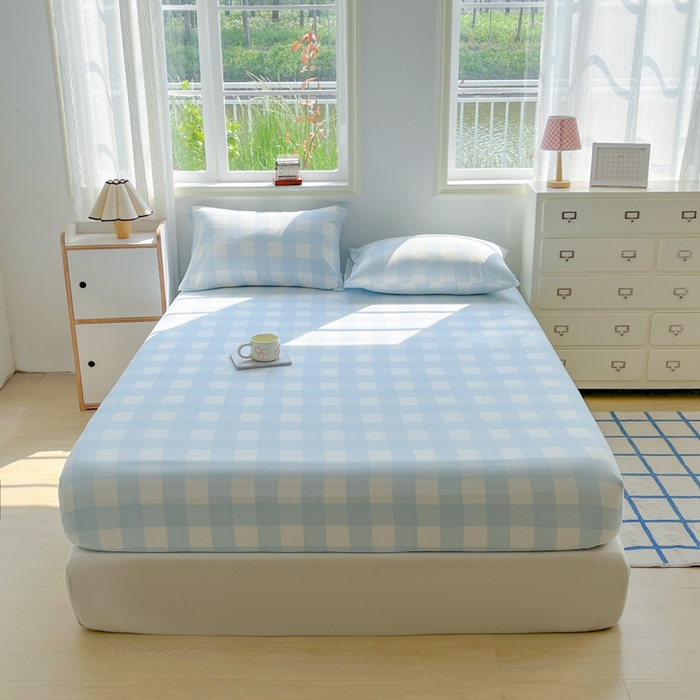 91家纺网 家纺一手货源 找家纺 温眠家纺 2025新款纯色格子高克重水洗棉床笠全包围防滑床罩保护套单床笠 奶盐气泡