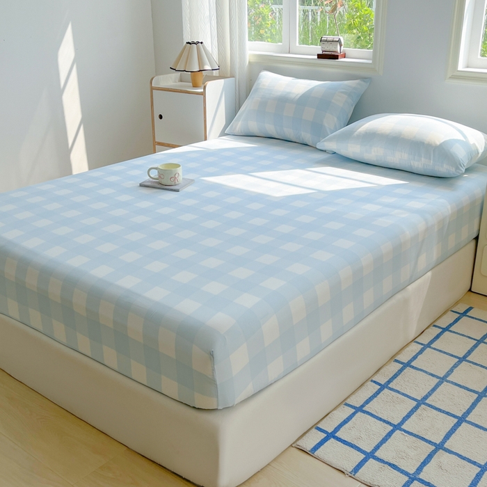 91家纺网 家纺一手货源 找家纺 温眠家纺 2025新款纯色格子高克重水洗棉床笠全包围防滑床罩保护套单床笠 奶盐气泡