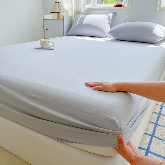 温眠家纺 2025新款纯色格子高克重水洗棉床笠全包围防滑床罩保护套单床笠 浅灰