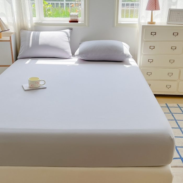 91家纺网 家纺一手货源 找家纺 温眠家纺 2025新款纯色格子高克重水洗棉床笠全包围防滑床罩保护套单床笠 浅灰