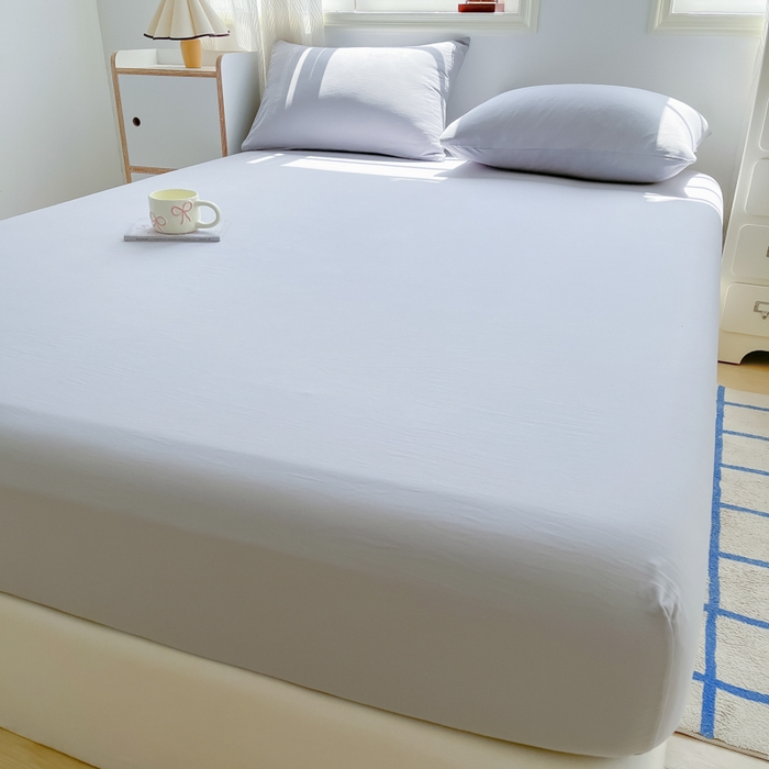 91家纺网 家纺一手货源 找家纺 温眠家纺 2025新款纯色格子高克重水洗棉床笠全包围防滑床罩保护套单床笠 浅灰