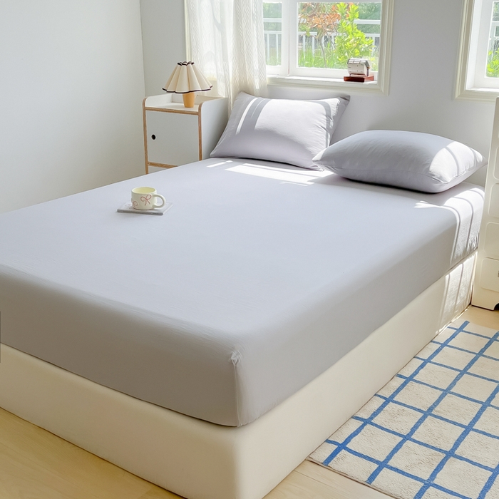 91家纺网 家纺一手货源 找家纺 温眠家纺 2025新款纯色格子高克重水洗棉床笠全包围防滑床罩保护套单床笠 浅灰