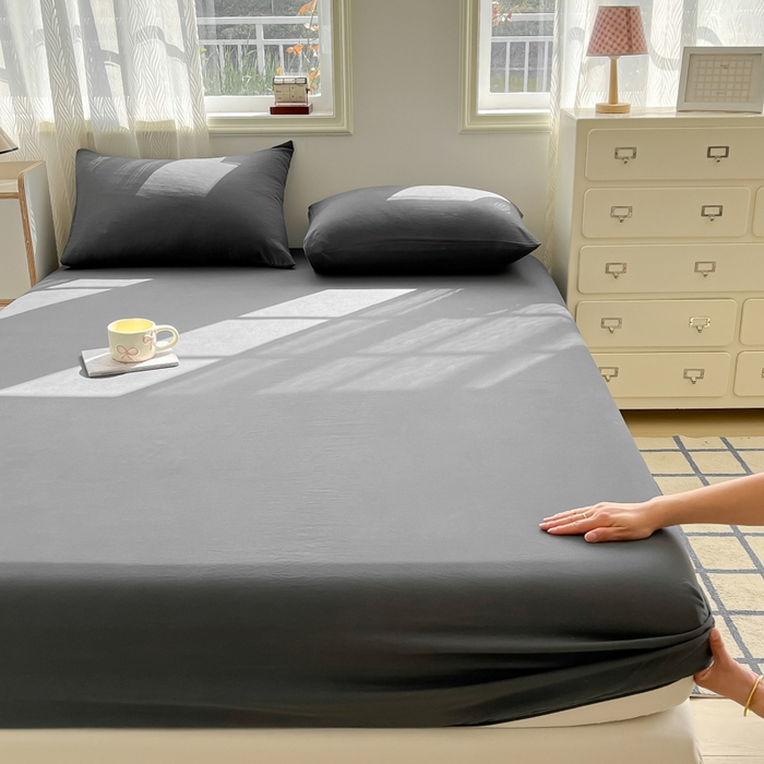 91家纺网 家纺一手货源 找家纺 温眠家纺 2025新款纯色格子高克重水洗棉床笠全包围防滑床罩保护套单床笠 深灰