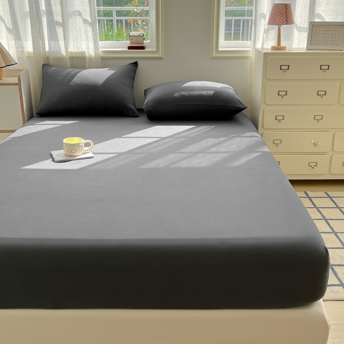 91家纺网 家纺一手货源 找家纺 温眠家纺 2025新款纯色格子高克重水洗棉床笠全包围防滑床罩保护套单床笠 深灰