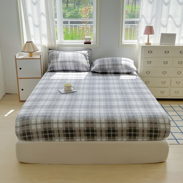 91家纺网 家纺一手货源 找家纺 温眠家纺 2025新款纯色格子高克重水洗棉床笠全包围防滑床罩保护套单床笠 烟灰格