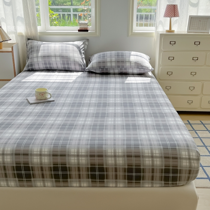 91家纺网 家纺一手货源 找家纺 温眠家纺 2025新款纯色格子高克重水洗棉床笠全包围防滑床罩保护套单床笠 烟灰格