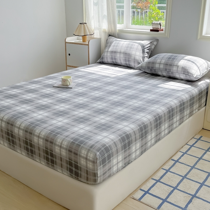 91家纺网 家纺一手货源 找家纺 温眠家纺 2025新款纯色格子高克重水洗棉床笠全包围防滑床罩保护套单床笠 烟灰格