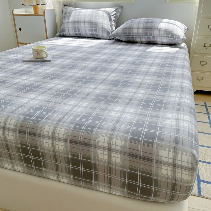 91家纺网 家纺一手货源 找家纺 温眠家纺 2025新款纯色格子高克重水洗棉床笠全包围防滑床罩保护套单床笠 烟灰格