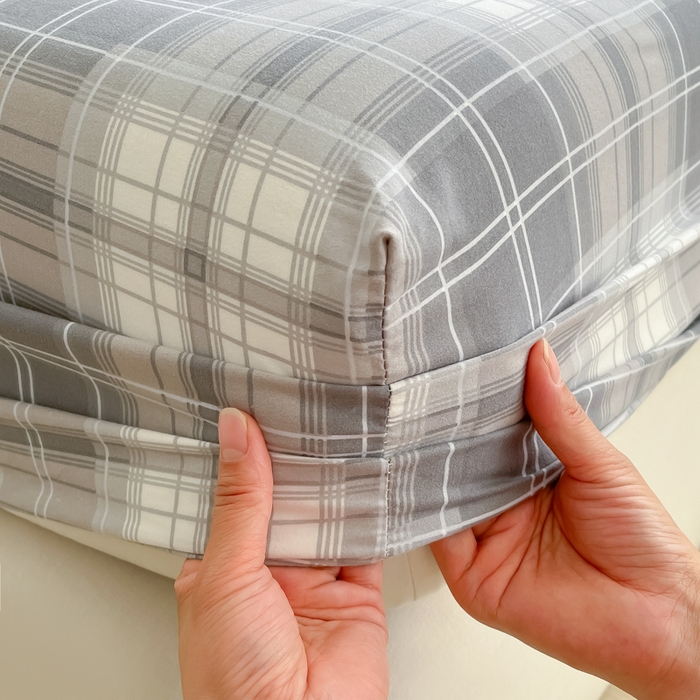 91家纺网 家纺一手货源 找家纺 温眠家纺 2025新款纯色格子高克重水洗棉床笠全包围防滑床罩保护套单床笠 烟灰格