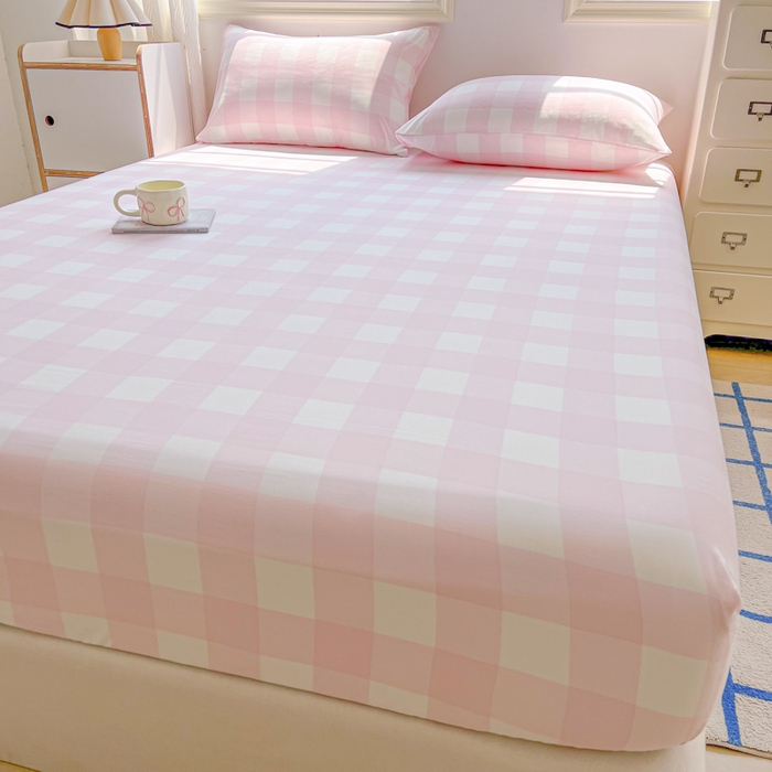 91家纺网 家纺一手货源 找家纺 温眠家纺 2025新款纯色格子高克重水洗棉床笠全包围防滑床罩保护套单床笠 元气桃桃