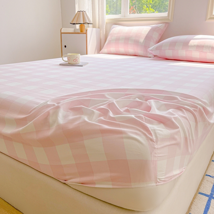 91家纺网 家纺一手货源 找家纺 温眠家纺 2025新款纯色格子高克重水洗棉床笠全包围防滑床罩保护套单床笠 元气桃桃