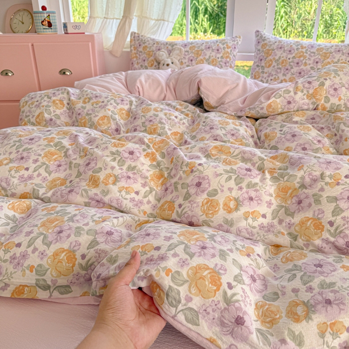 91家纺网 家纺一手货源 找家纺 温眠家纺 2025新款云感针织双层纱四件套 紫薇花