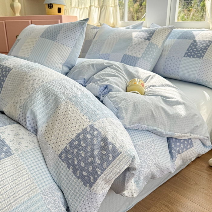 91家纺网 家纺一手货源 找家纺 温眠家纺 2025新款云感针织双层纱四件套 半亩花田