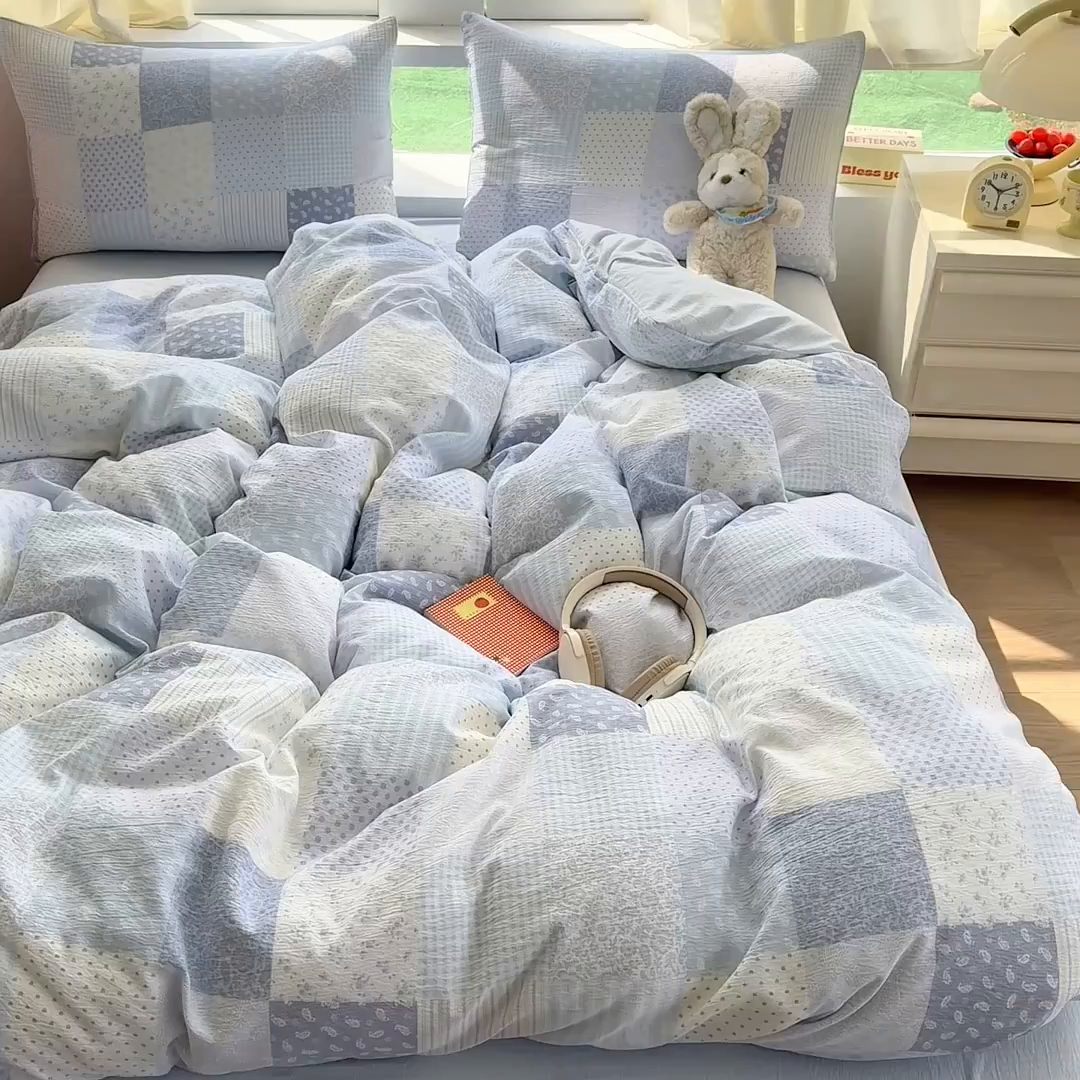 91家纺网 家纺一手货源 找家纺 温眠家纺 2025新款云感针织双层纱四件套 半亩花田