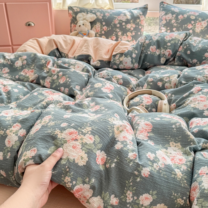 温眠家纺 2025新款云感针织双层纱四件套 花簇