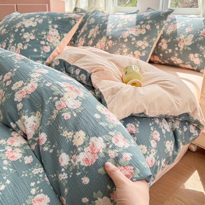 91家纺网 家纺一手货源 找家纺 温眠家纺 2025新款云感针织双层纱四件套 花簇