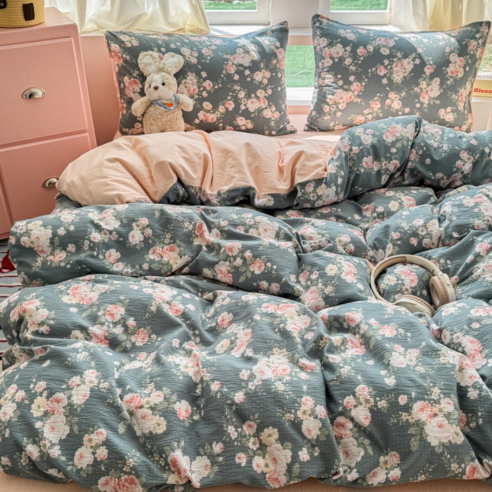 91家纺网 家纺一手货源 找家纺 温眠家纺 2025新款云感针织双层纱四件套 花簇