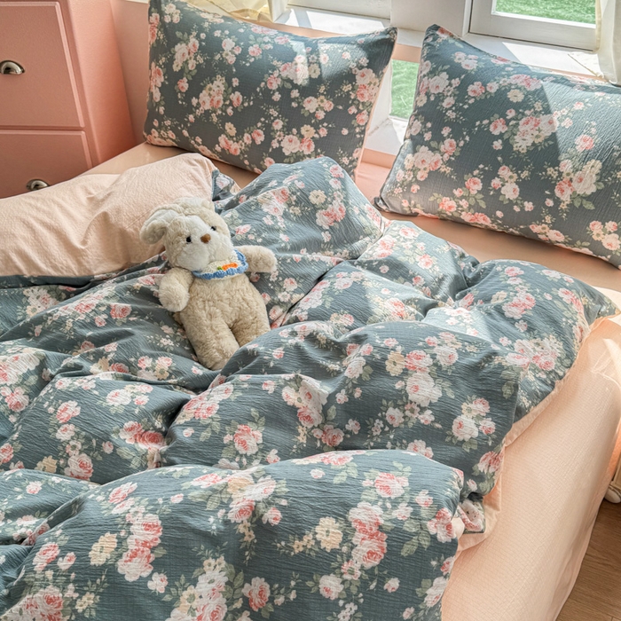 91家纺网 家纺一手货源 找家纺 温眠家纺 2025新款云感针织双层纱四件套 花簇