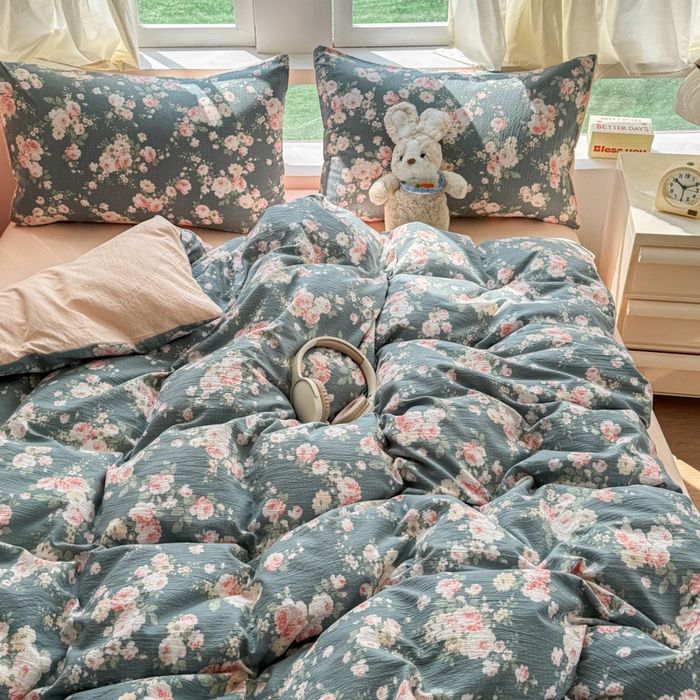 91家纺网 家纺一手货源 找家纺 温眠家纺 2025新款云感针织双层纱四件套 花簇