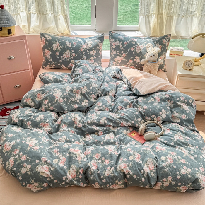 91家纺网 家纺一手货源 找家纺 温眠家纺 2025新款云感针织双层纱四件套 花簇