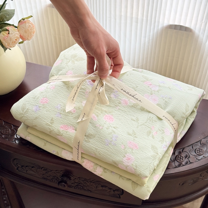 91家纺网 家纺一手货源 找家纺 温眠家纺 2025新款云感针织双层纱四件套 木槿绿