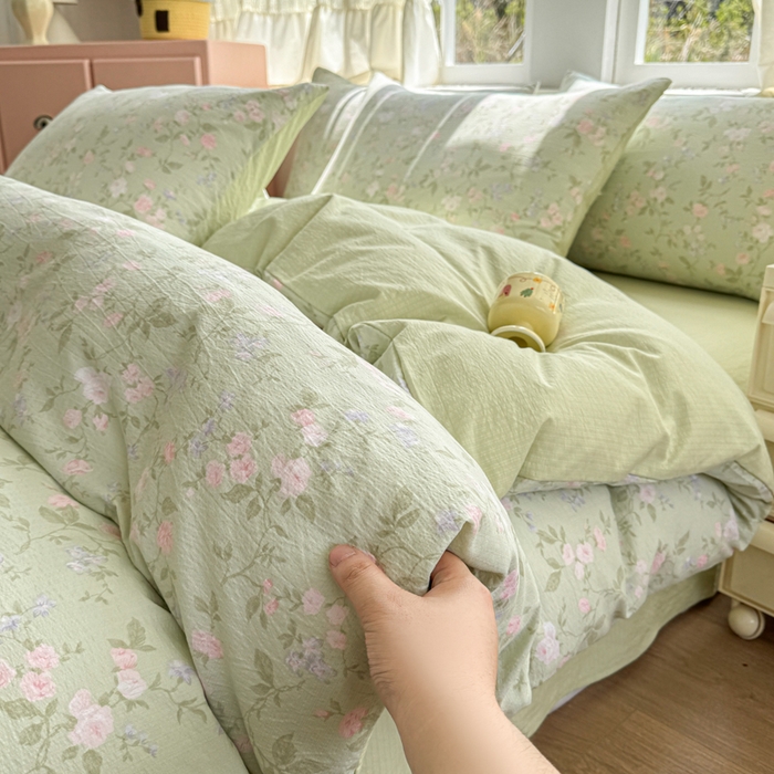 91家纺网 家纺一手货源 找家纺 温眠家纺 2025新款云感针织双层纱四件套 木槿绿