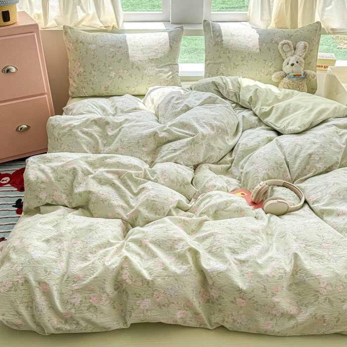 91家纺网 家纺一手货源 找家纺 温眠家纺 2025新款云感针织双层纱四件套 木槿绿