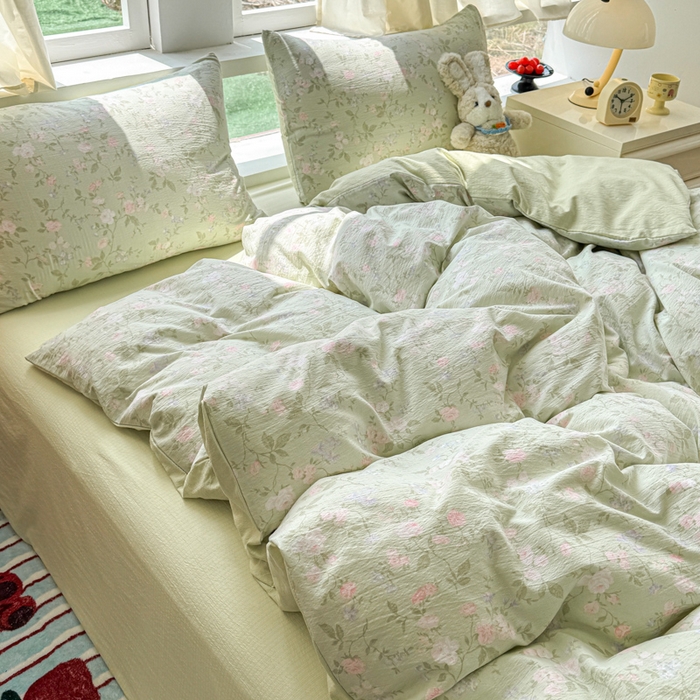 91家纺网 家纺一手货源 找家纺 温眠家纺 2025新款云感针织双层纱四件套 木槿绿