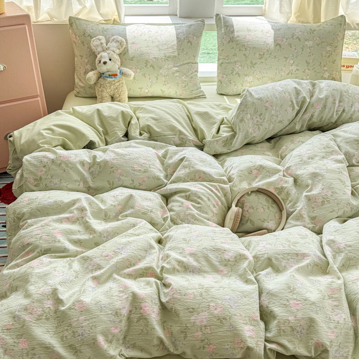 91家纺网 家纺一手货源 找家纺 温眠家纺 2025新款云感针织双层纱四件套 木槿绿