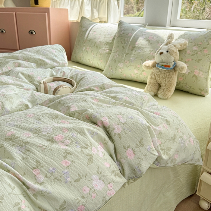 91家纺网 家纺一手货源 找家纺 温眠家纺 2025新款云感针织双层纱四件套 木槿绿