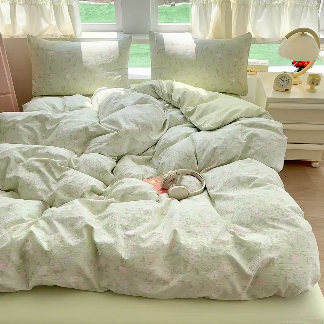 91家纺网 家纺一手货源 找家纺 温眠家纺 2025新款云感针织双层纱四件套 木槿绿