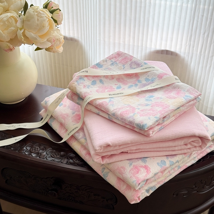 91家纺网 家纺一手货源 找家纺 温眠家纺 2025新款云感针织双层纱四件套 晚香玉