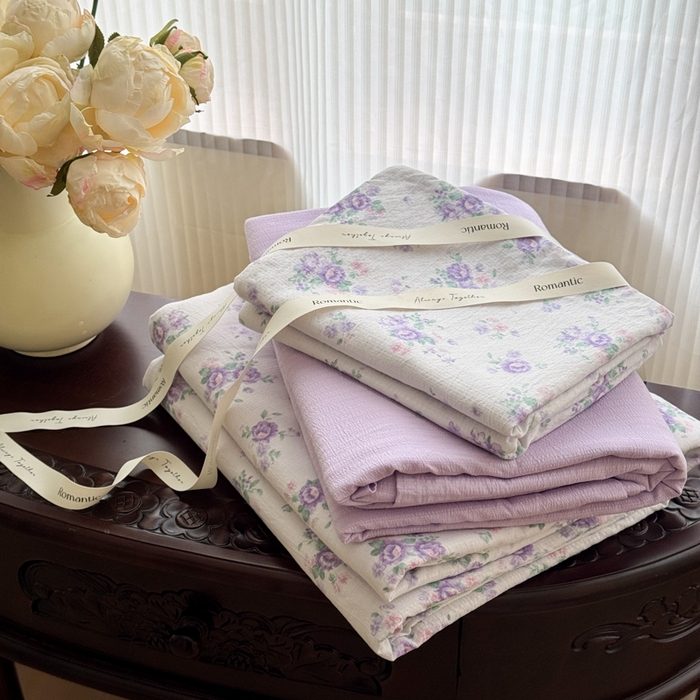 91家纺网 家纺一手货源 找家纺 温眠家纺 2025新款云感针织双层纱四件套 小森屿