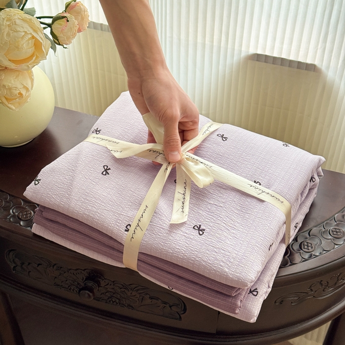 91家纺网 家纺一手货源 找家纺 温眠家纺 2025新款云感针织双层纱四件套 小资情调