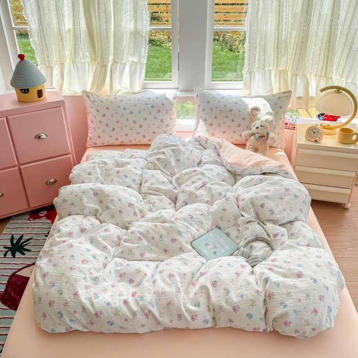 91家纺网 家纺一手货源 找家纺 温眠家纺 2025新款云感针织双层纱四件套 春之语